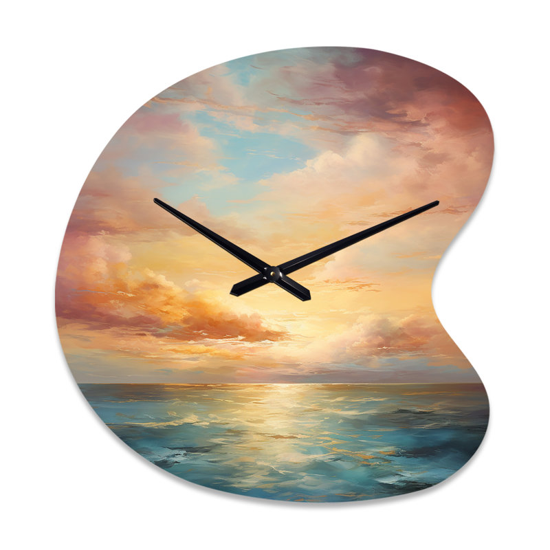 Ocean Sunset Celestial Symphony - Sunset Unique Shape Metal Wall Clock, Traditional Asymmetrical Wall Clock Print, Small