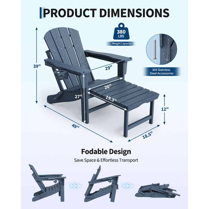 Folding Adirondack Rocking Chair with Retractable Ottoman - 4-in-1 All-Weather HDPE Outdoor Chair with Cup Holder for Patio, Deck & Fire Pit, Navy