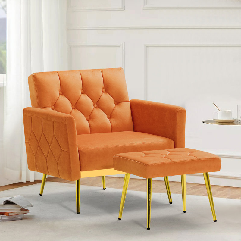 Zianny Velvet Accent Chair with Ottoman, Orange Velvet