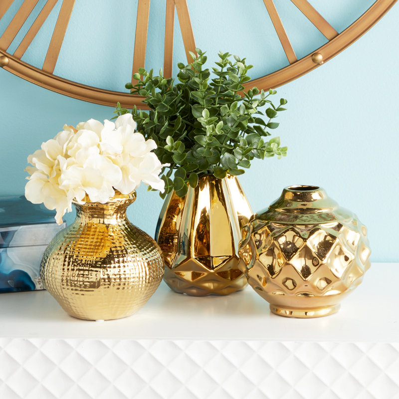 Gold Ceramic Decorative Vase with Varying Patterns Set, Golden