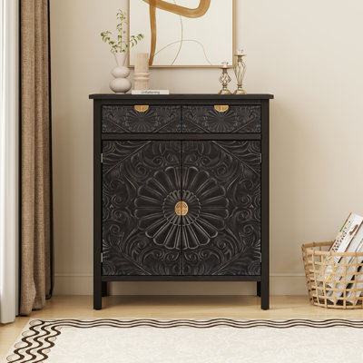 Hand Carved Accent Cabinet with 2 Drawers and 2 Doors, Floral Embossed Storage Cabinet with Gold Handles for Entryway, Living Room and Dining Room