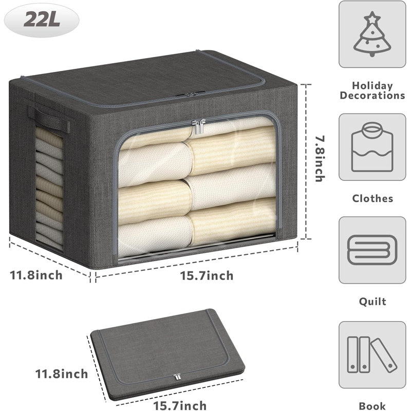 Ensemble de 4 bacs de rangement pour vêtements empilables avec cadre et couvercles en métal - Contenants de rangement en tissu pliables avec fenêtres transparentes, fermetures à glissière et poignées pour l'organisation à la maison