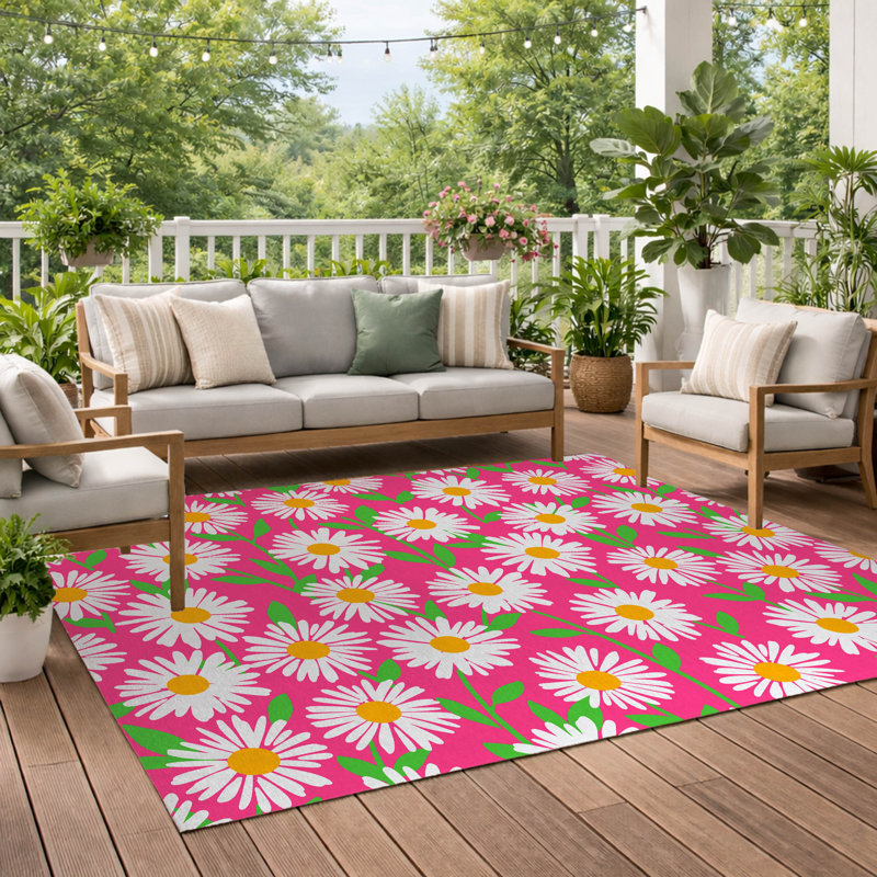 Sweet Daisy Decorative Outdoor Rug, Bright Pink, Rectangle 5' x 7'