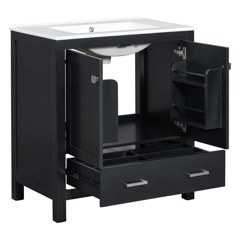 Meuble-lavabo avec lavabo simple, 2 portes à fermeture douce et 1 tiroir, Noir, Nickel brossé