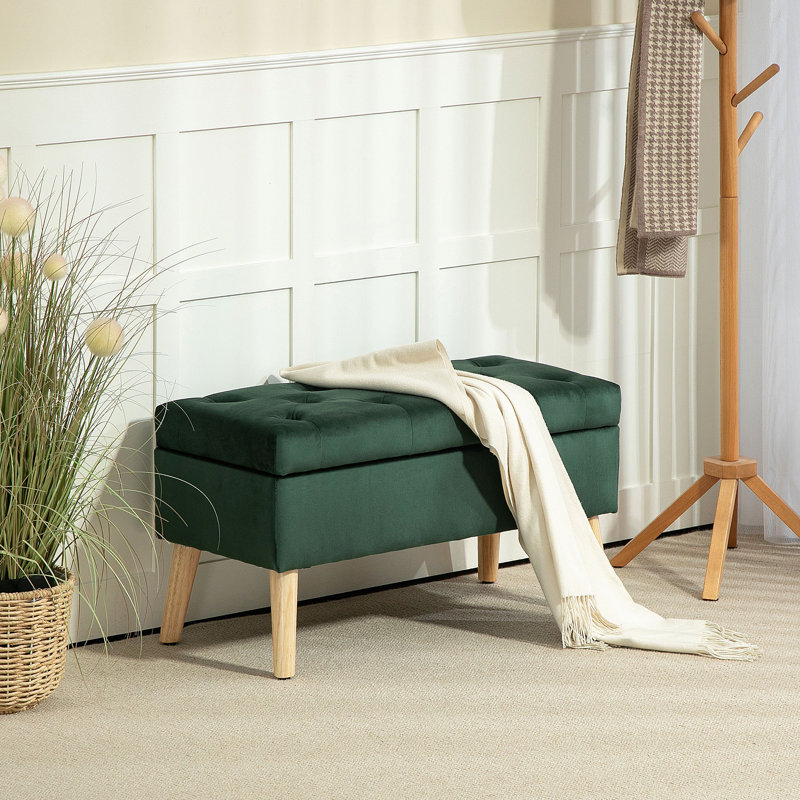Upholstered Storage Ottoman Bench with Wood Legs, Cream White, Green, Brown Wood