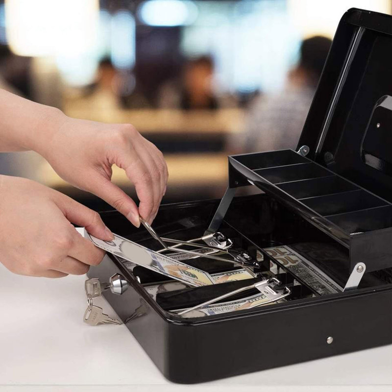 Cashier Box with 2 Keys Multi Money Trays Cantilever Design Coin Compartments Unbreakable Protection
