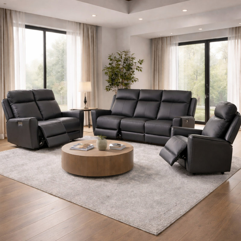 Rivington Real Leather Power Recliner 3 + 2 + 1 Sofa Set with USB Charging, Charcoal
