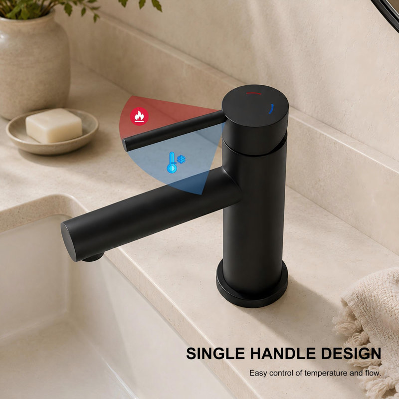 Robinet de salle de bain noir mat à poignée simple avec drain, Noir mat