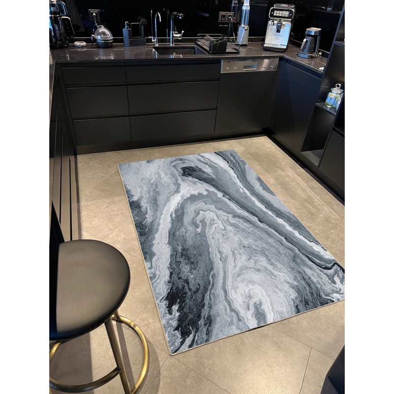 Tapis noir / gris anthracite / marbre tissé à motif abstrait et marbré, Tapis de couloir 3 pi 3,37 po x 6 pi 6,74 po
