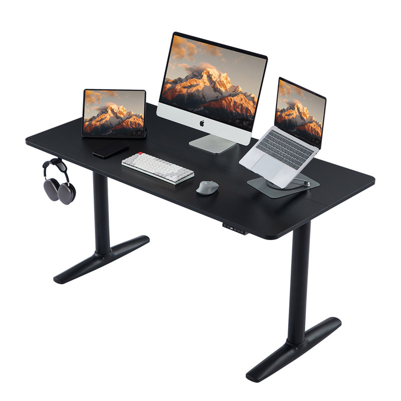 Electric Height Adjustable Standing Desk with Round Tube Column, 46" H x 48" W x 24" D, Black/Black