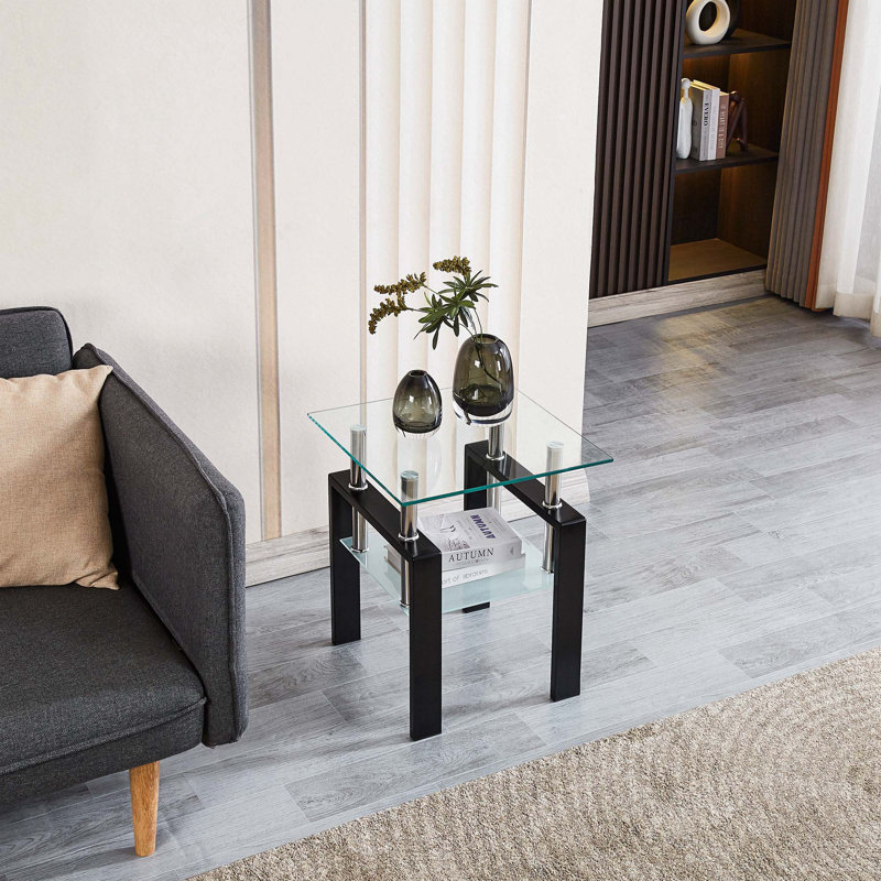 Katelee 1-Piece 2-Layers Small Table with Storage,Tempered Transparent Glass End Table