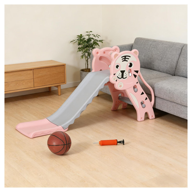 Glissoire d'intérieur en polyéthylène pour tout-petit et grimpeur avec panier de basketball, gris et rose