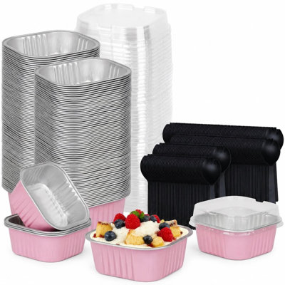 Paquet de 100 moules à pâtisserie de 10 oz en papier d'aluminium rose avec couvercles et mini cuillères jetables