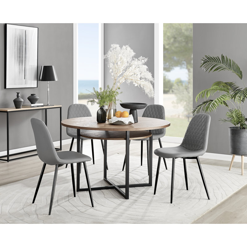 Adler Modern Wooden Round Dining Table Set with Shelf & 4 Luxury Faux Leather Dining Chairs, Grey/Black