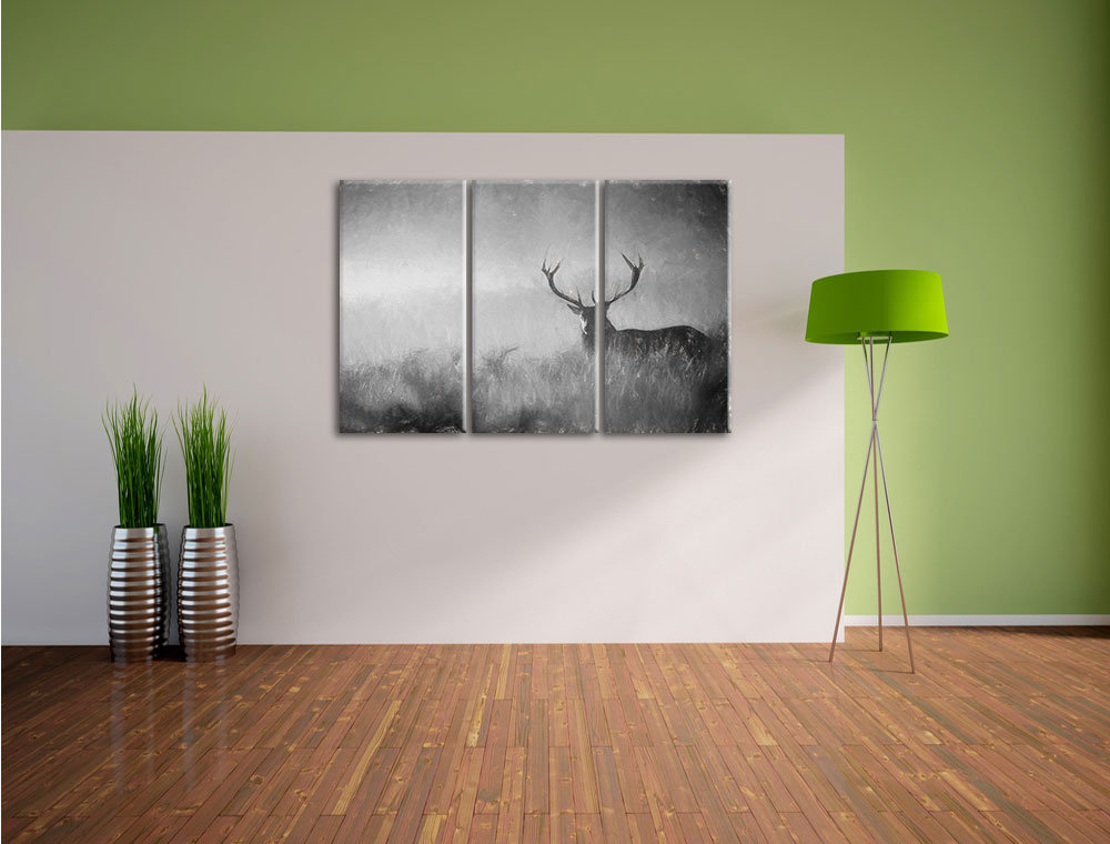 3-tlg. Leinwandbild-Set „Rotwild-Hirsch im Nebel“, Kunstdruck