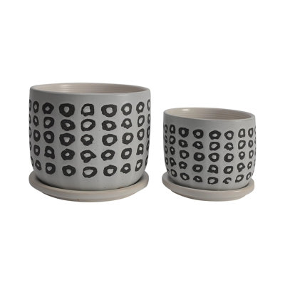 Set Of 2 Ceramic Planters - Contemporary Aztec Design Planters In White And Black On Matching Saucers - Indoor Or Outdoor Plants,Succulents