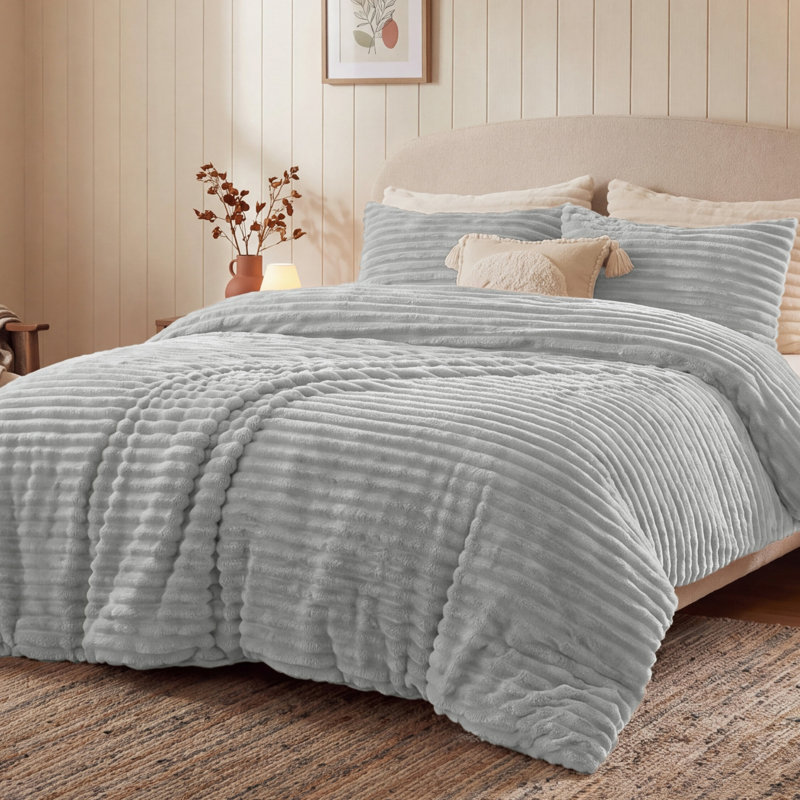 Ensembles d'édredon pour grand lit - 3 pièces de literie en molleton gris clair moelleux, esthétique rayée confortable pour les chambres modernes et les chambres d'amis, décoration intérieure de luxe toutes saisons