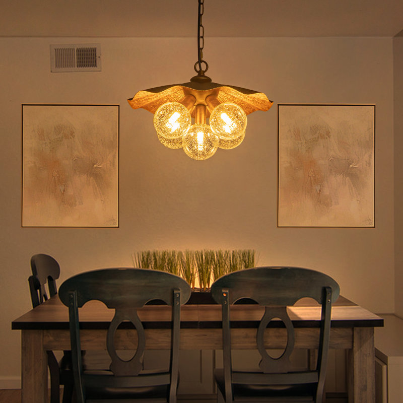 5-Light Leaf Chandelier With Seeded Glass Globes, Adjustable Height 14.57"-84.65", Antique Bronze Finish, UL/ETL Listed For Dining Room Kitchen Island