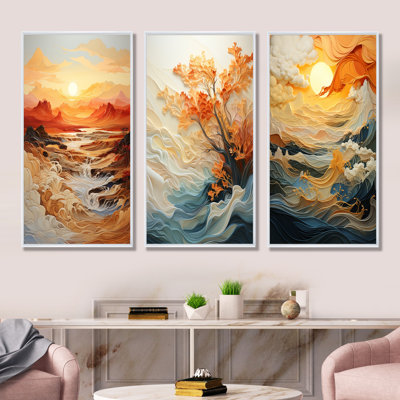 «Orange Bold Waterfall Sunrise I», ensemble de 3 reproductions d'art sur toile