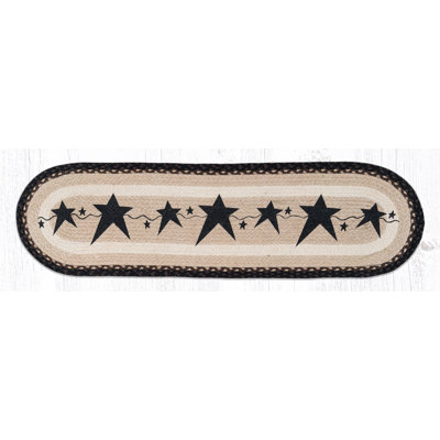 Earth Rugs 13"x48" Primitive Stars Black Oval Braided Patch Runner in Natural Jute