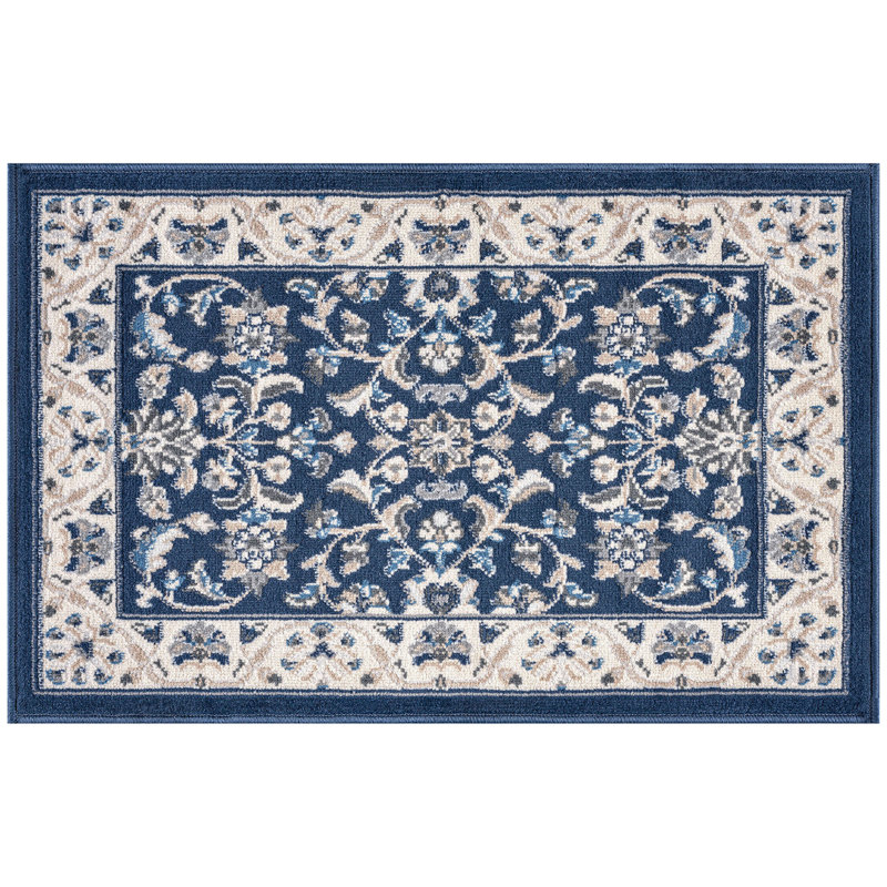 Anmie Oriental Dark Blue/Cream Area Rug, Rectangle 2' x 3'