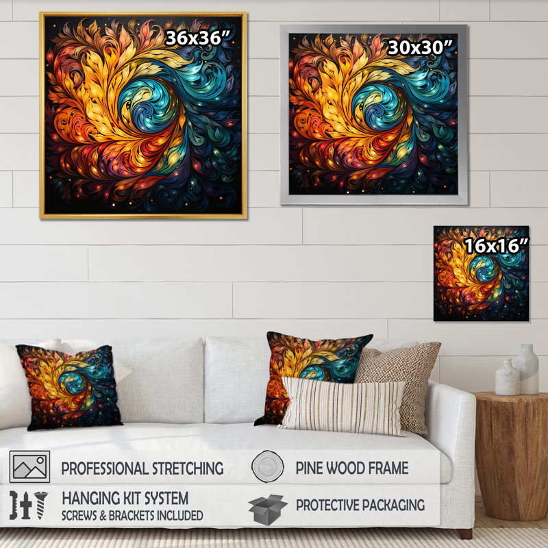 Rangoli III coloré et mystique indien - impression, Cadre flottant noir, H 16 po x l 16 po x P 1 po