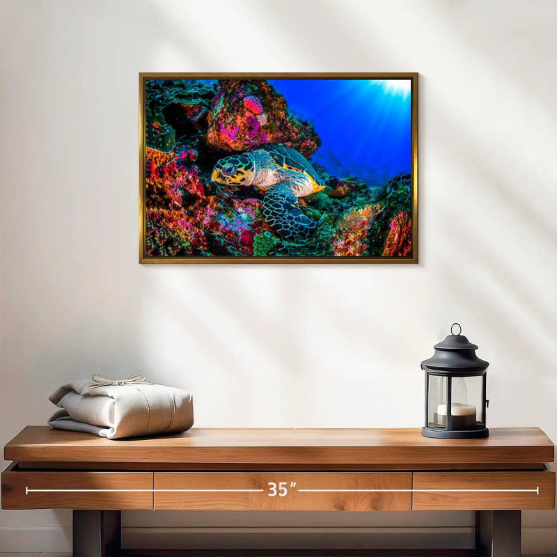 Tortue océan monde, Cadre flottant doré, 19 po x 13 po