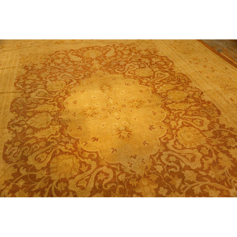 1890s Antique Gold Open Field Medallion Knotted Wool Indian Agra Decorative Rug