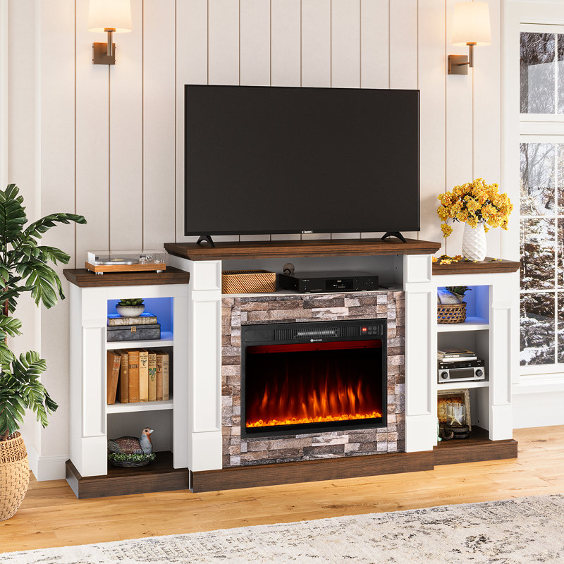 70" W Farmhouse TV Stand with Electric Fireplace & Storage, Holds TVs up to 80", Heater Included for Living Room/Bedroom