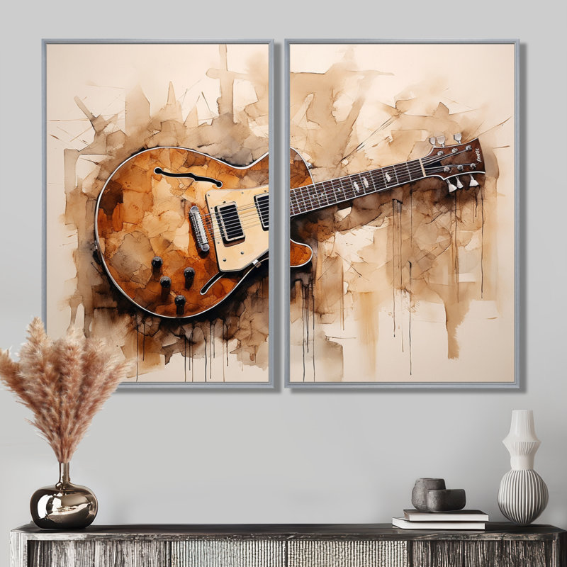 «Guitare», reproduction d'art sur toile brune, H 40 po x l 40 po, Reproduction avec cadre flottant, Argent argent