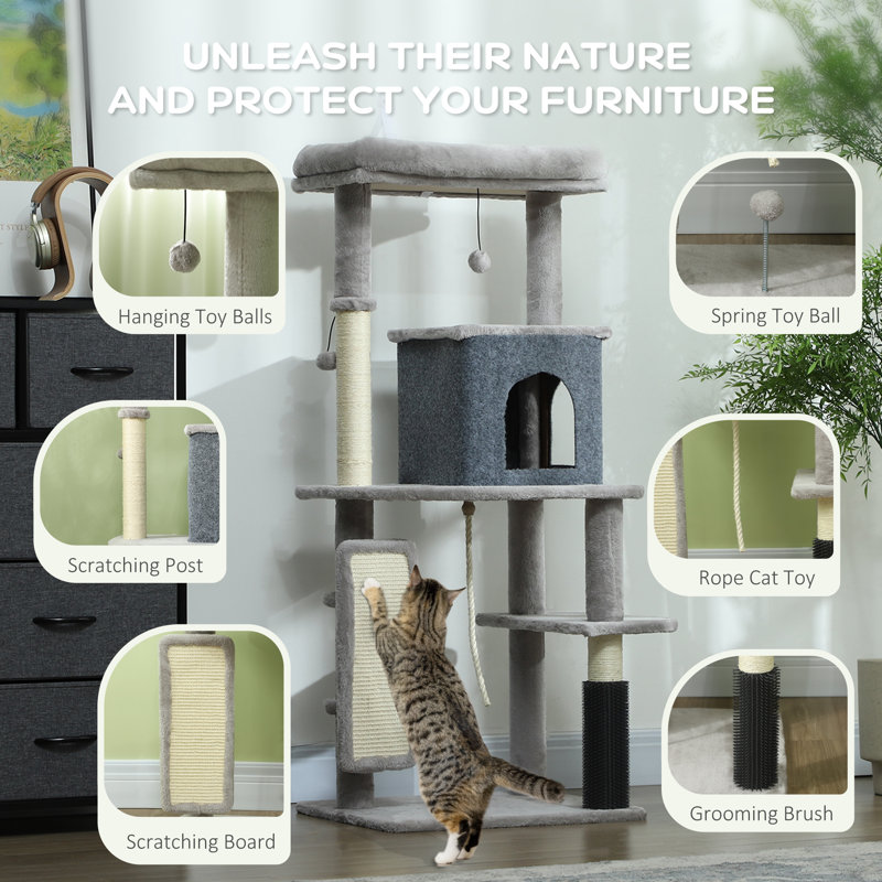 Cat Tree Tower Scratching Post Bed House 132cm Light Grey