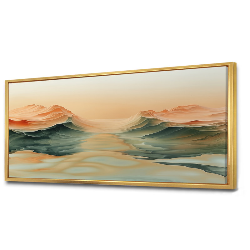 «Green Beige Magical Sunset Dunes I - Desert», reproduction d'art murale, Cadre flottant doré, H 28 po x l 60 po x P 1,5 po