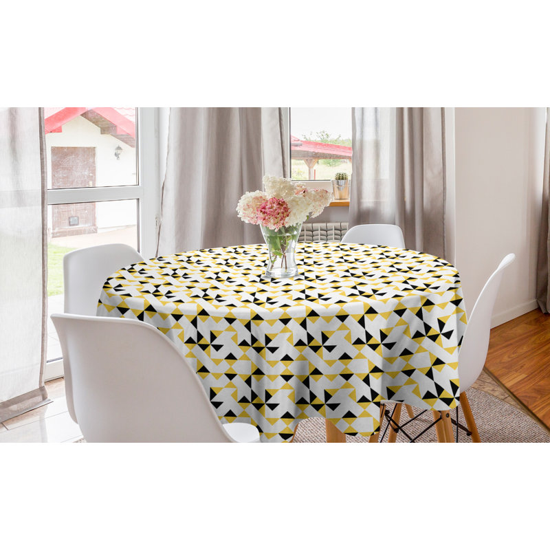 Ambesonne Geometric Round Tablecloth, Futuristic And Modern Triangles Pattern On A Plain Background, Circle Table Cloth Cover For Dining Room Kitchen Decoration, 60", Mustard White