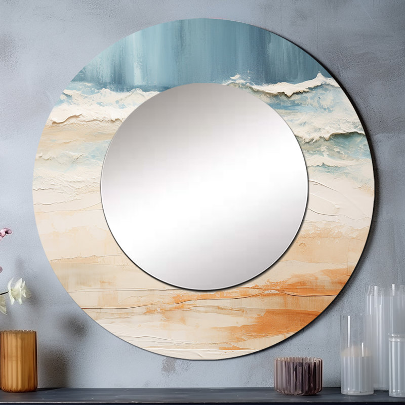 Rojin Beige And Blue Beach Tranquility I - Beach Mirror, Beige Round Unique Wall Mirror, Printed Metal Art, 29" x 29"