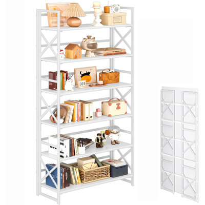 No Assembly 6 Tiers Folding Bookshelf, Vintage - style, Essential for Study and Office