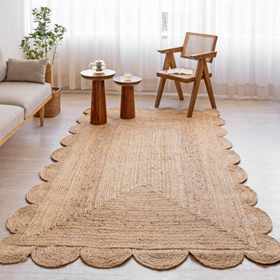 Tapis en jute tressé festonné | Tapis réversible tissé à la main de style bohème champêtre pour salon, chambre, cuisine et entrée | 244 x 305 cm | Naturel