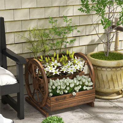 Support à plante en bois de sapin carbonisé pour espace extérieur avec détails en bois massif, 24,5 x 24 x 22,5 po