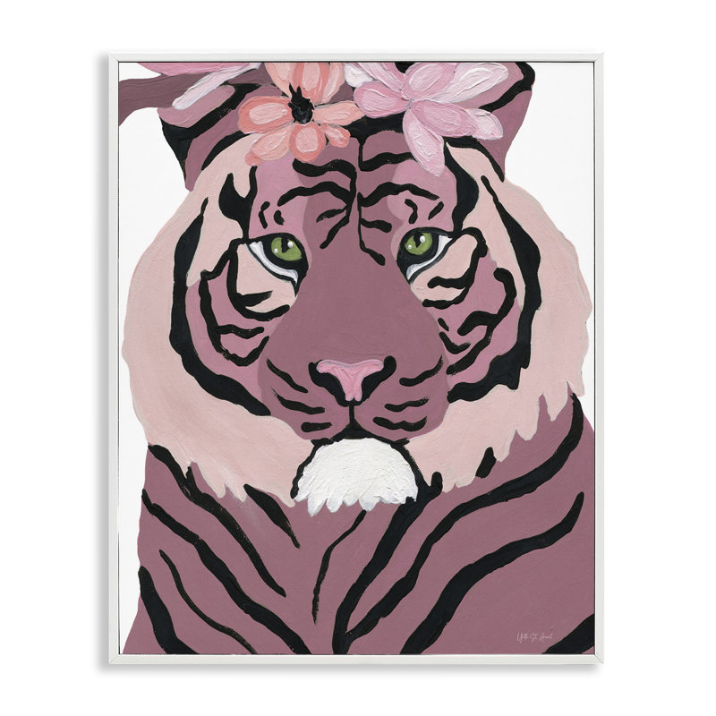 Tigre avec fleurs roses, art de la giclée encadrée par Yvette St. Amant, Giclée encadrée blanc bord de mer, H 30 po x l 24 po