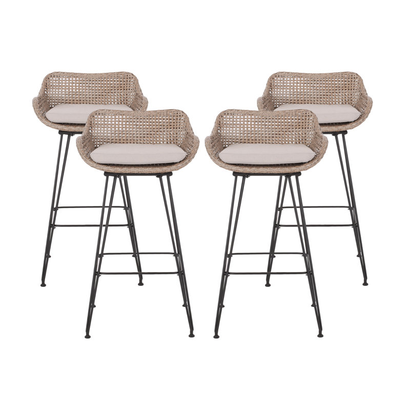 Aranza Outdoor Wicker And Iron Barstool, Set Of 4, Light Brown
