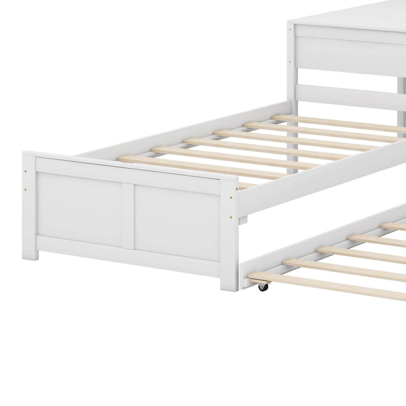 Lit plateforme simple en L avec lit gigogne, bureau et tiroirs, Blanc