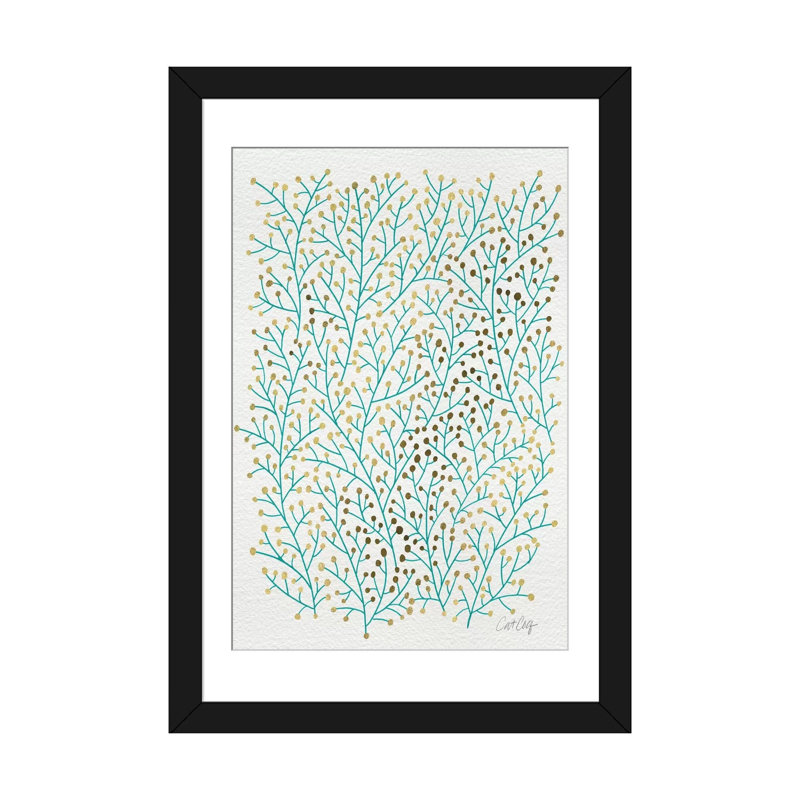 « baies branches », impression sur toile tendue en turquoise doré, Papier avec cadre noir, Blanc, H 32 po x l 24 po x P 1 po