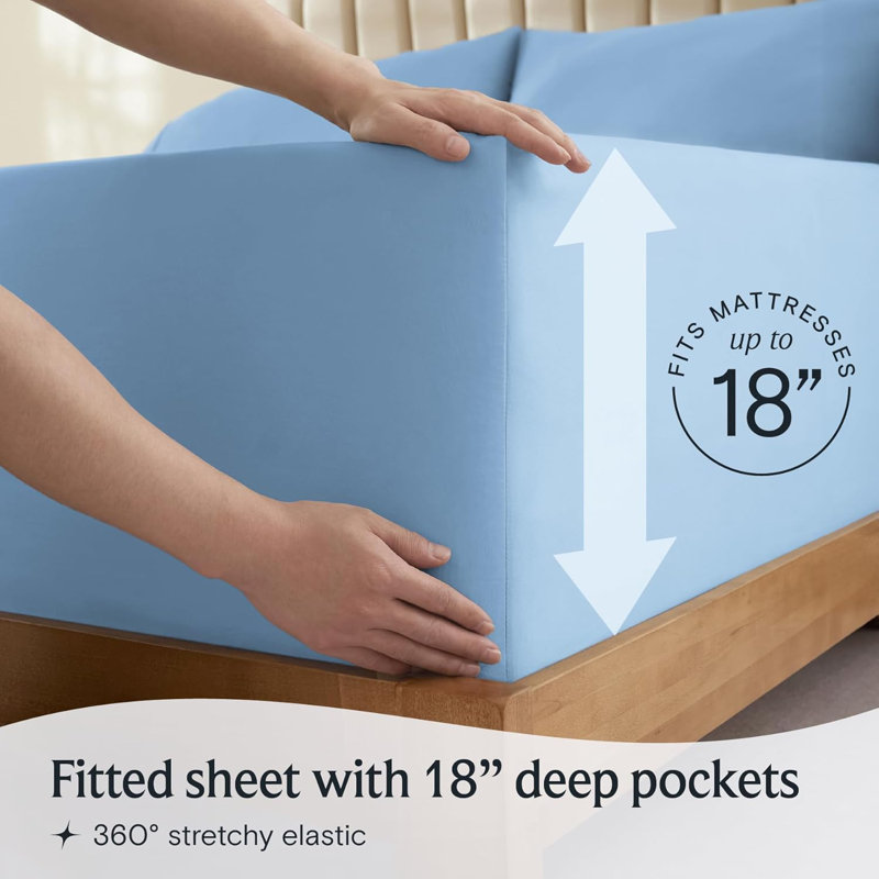 Luxclub 4 PC Sky Queen Silky Soft Cooling Extra Deep Pocket Performance Sheet Set, Sky, Queen Sheet Set with 2 Pillowcases