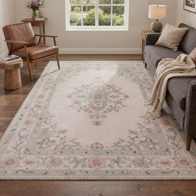 Veridian Floral Machine Washable Pink / Green Indoor Area Rug with Non-Slip Backing
