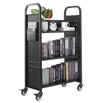3-Tier Rolling Book Cart Single Sided L-Shaped Shelves Book Truck in Black