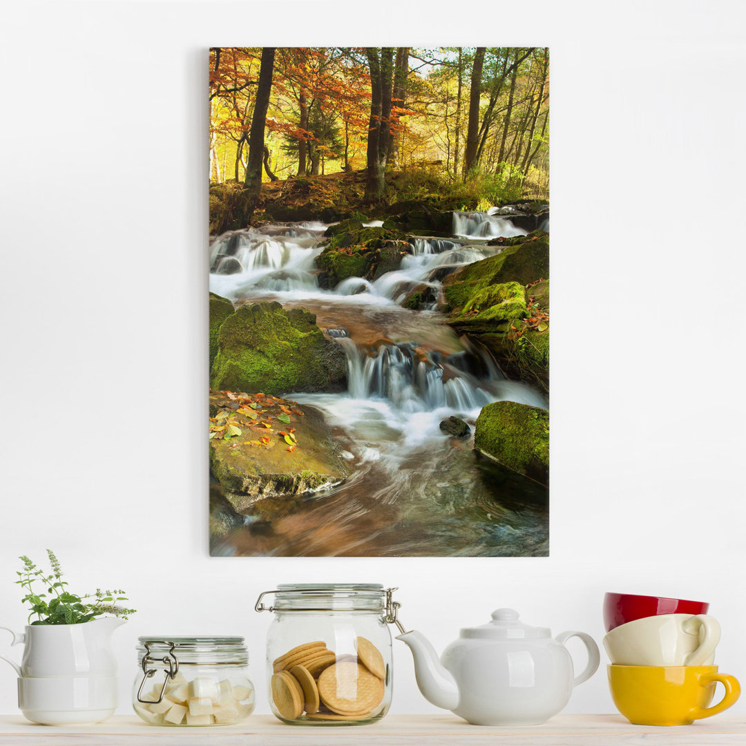 Leinwandbild Wasserfall herbstlicher Wald