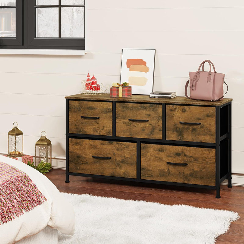 Chest of Drawers with 5 Fabric Drawers, Vintage Brown
