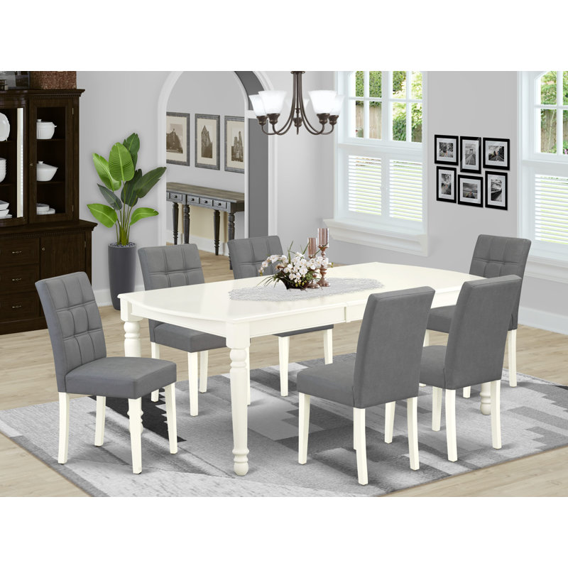 7 Piece Modern Dining Table Set Includes A Wood Table and 6 Platinum Gray Polyester Fabric Padded Chairs with Stylish Back- Linen White Finish
