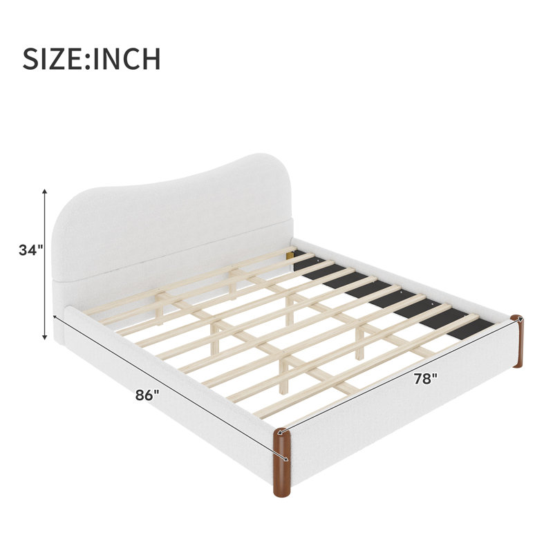 Très grand lit plateforme tapissier avec pieds en bois robustes, blanc, Blanc, Très grand lit