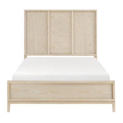 Très grand lit brun, design bord de mer, tête de lit à trois panneaux, cadre de lit pour plan de chambre à coucher, finition de taille contemporaine, avec rails