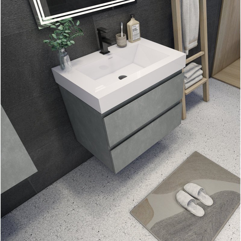 Arieyanna Single Bathroom Vanity with Wood, Acrylic Top, Cement Gray